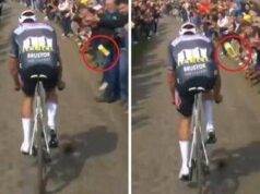 Scandalo Parigi-Roubaix, tifoso lancia borraccia in faccia a Van der Poel – Video
