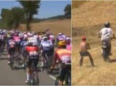 Pazzo Tour de France, tra le bici spunta un tifoso con… gli sci