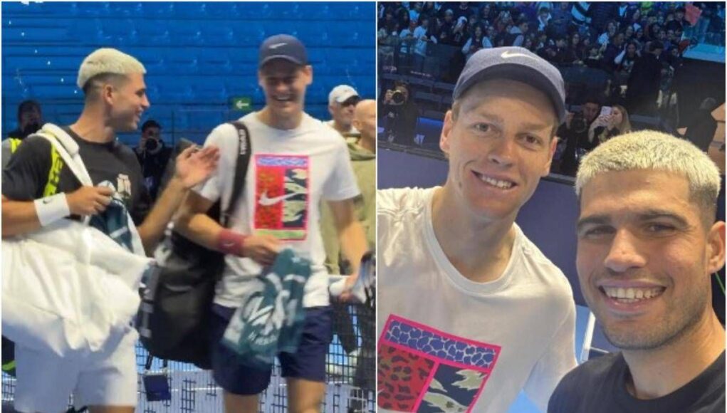 Sinner-Alcaraz, risate e selfie: allenamento show a Torino. E Jannik vince il set