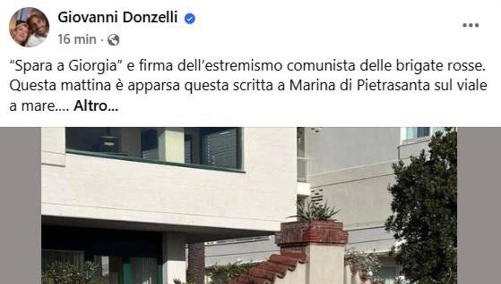 Donzelli pubblica foto scritta su muro: “‘Spara a Giorgia’ a firma Br, non ci fermeremo”