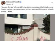 Donzelli pubblica foto scritta su muro: “‘Spara a Giorgia’ a firma Br, non ci fermeremo”